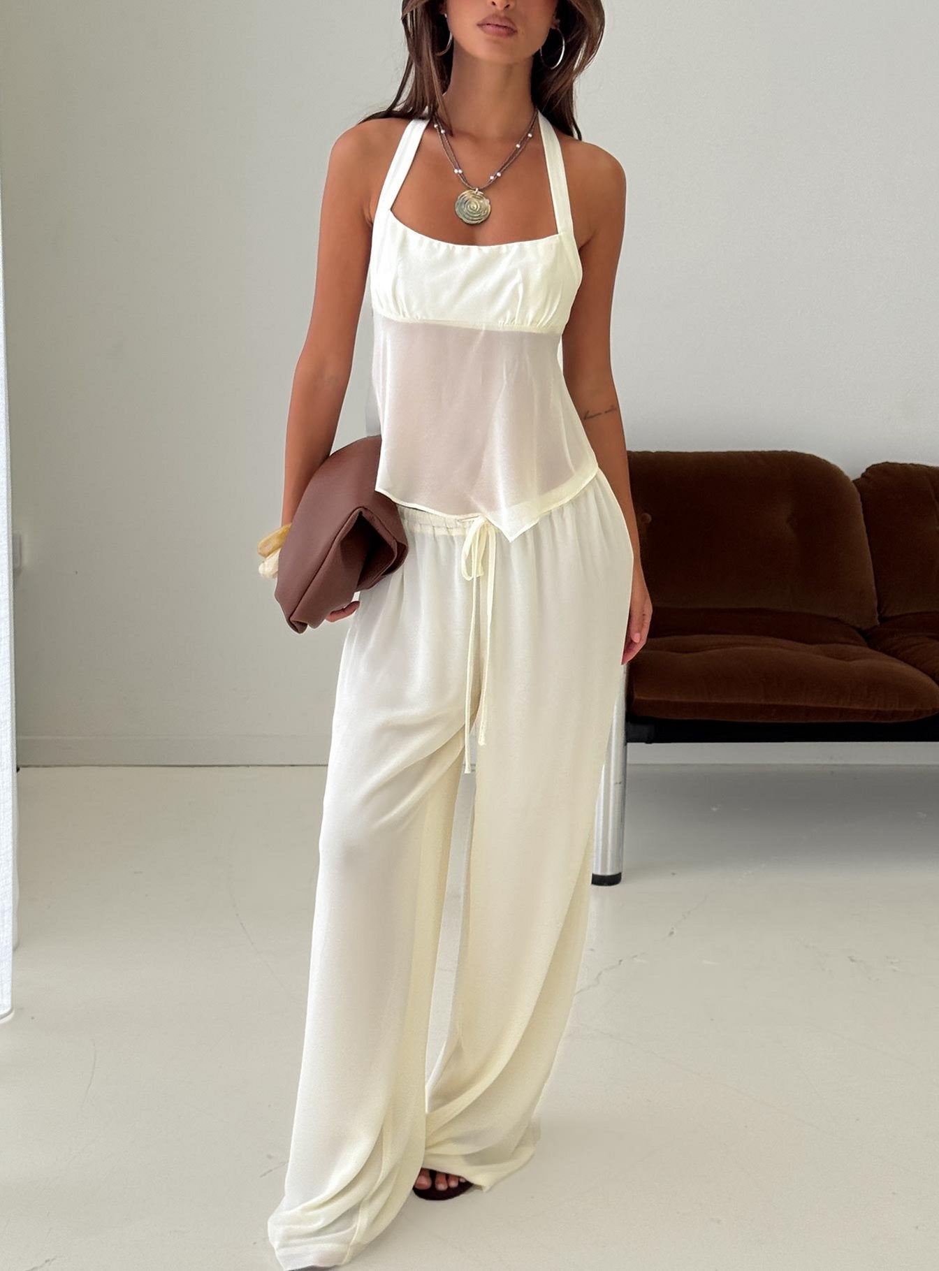 front view of model wearing Princess Polly Finesse Pants Yellow High Rise Pants 