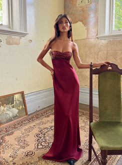 See The Vision Sequin Bust Strapless Maxi Dress Burgundy