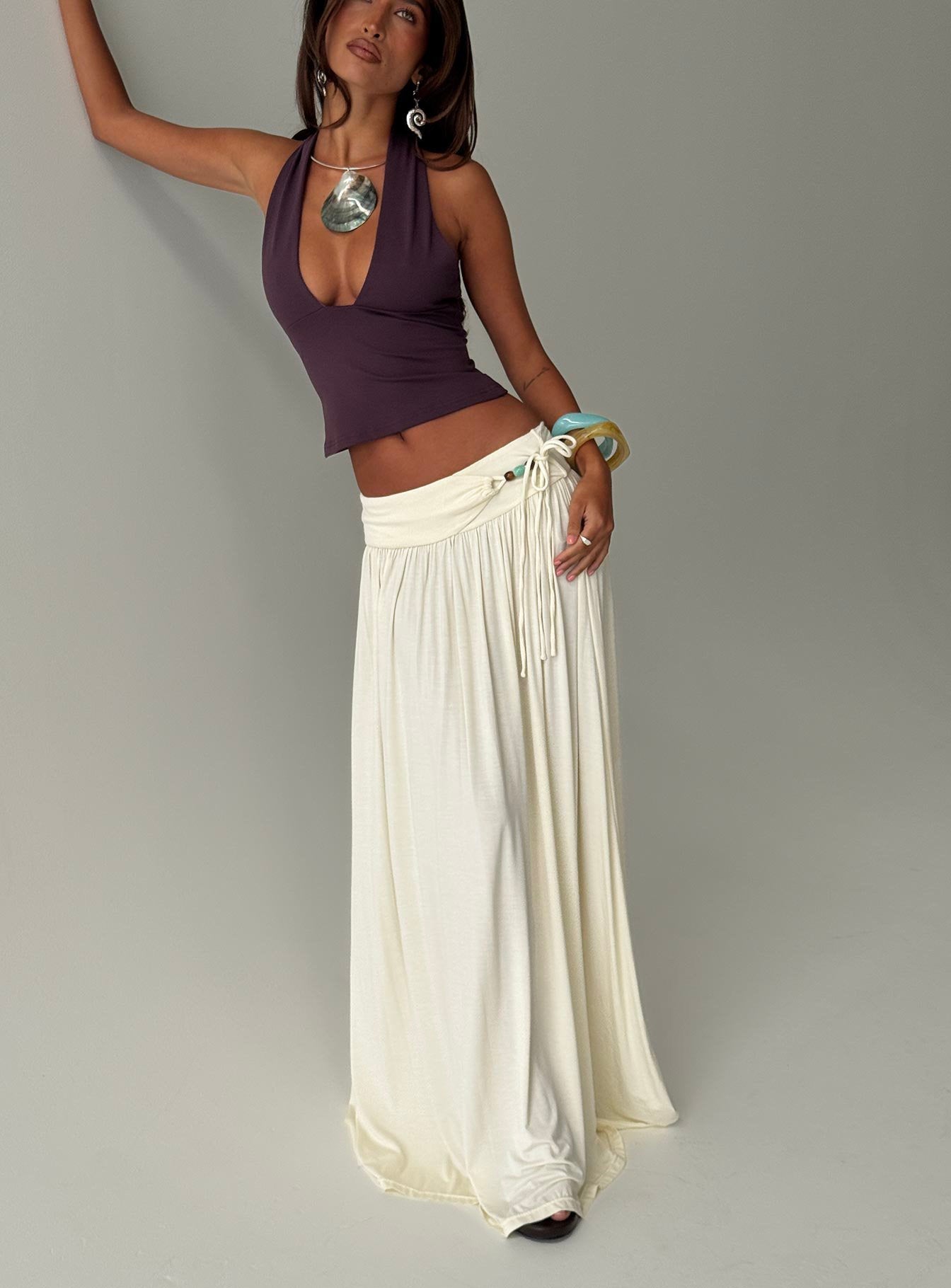 Velvet Storm Tie Detail Flowy Maxi Skirt Cream | Princess Polly