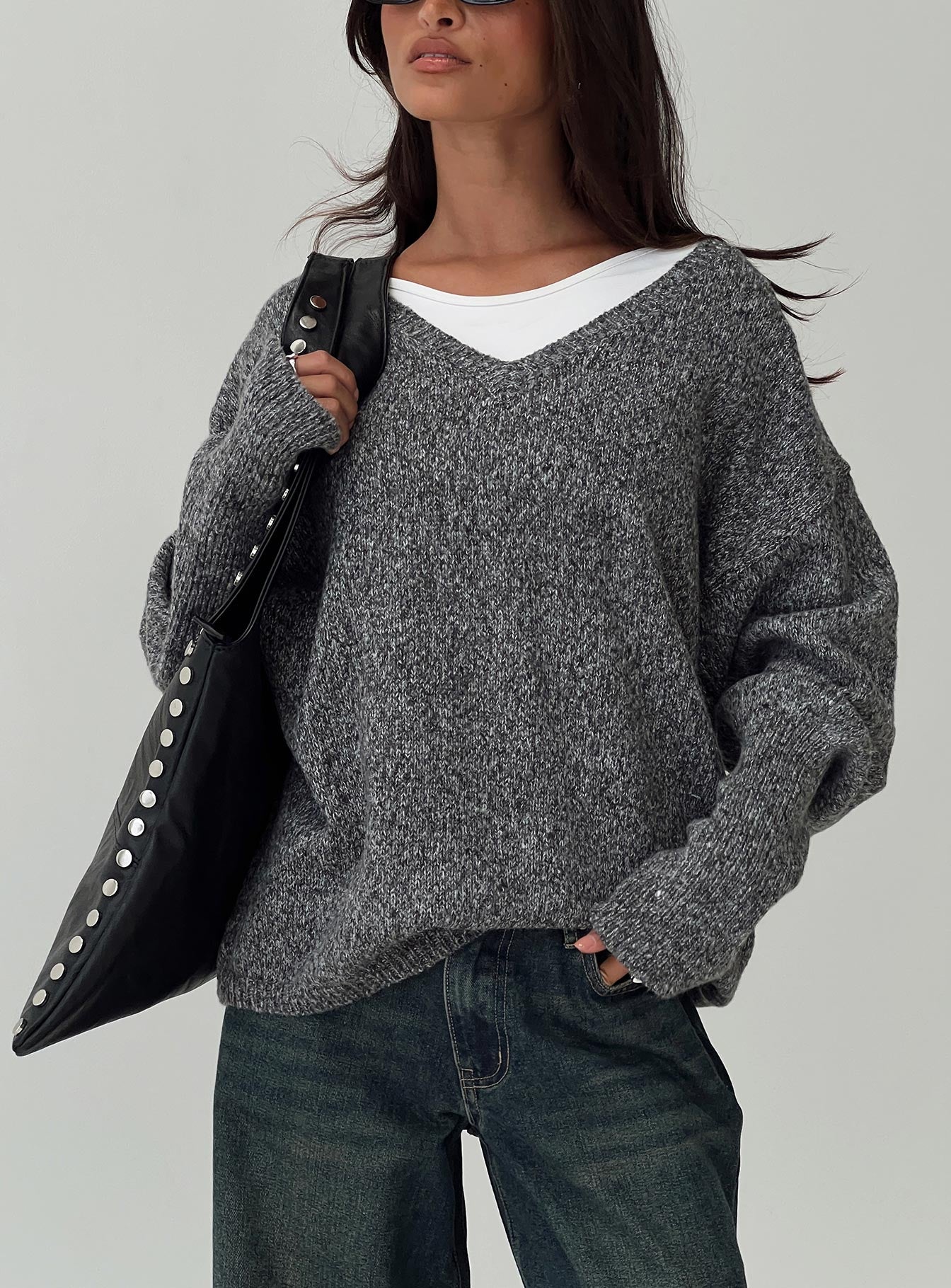 front view of model wearing Princess Polly Beyond My Gaze V Neck Knit Sweater Grey Long 