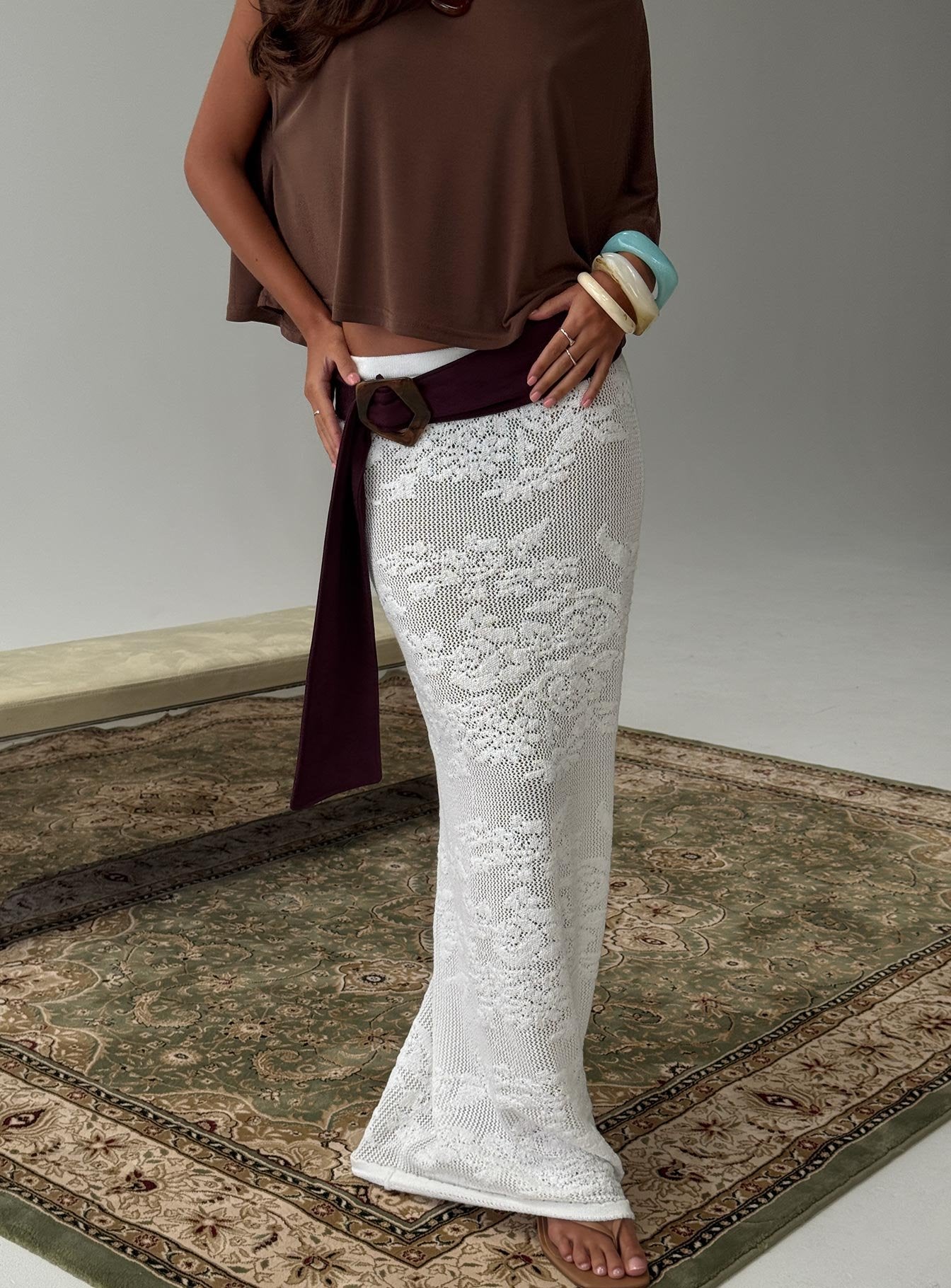   front view of model wearing Princess Polly Opresia Crochet Maxi Skirt White Maxi Skirts 