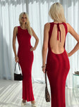 back view of model wearing Princess Polly Mayok Maxi Dress Burgundy Scoop Neck 