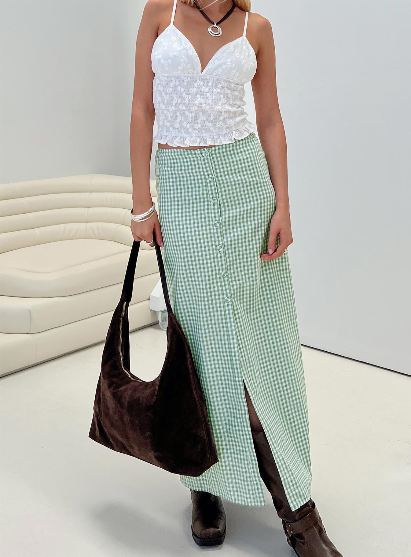   front view of model wearing Princess Polly Macadamia Maxi Skirt Green / White Maxi 