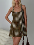 front view of model wearing Princess Polly Serina Polka Mini Dress Brown / White Scoop Neck 