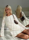 front view of model wearing Princess Polly Lukea Lace Long Sleeve Mini Dress Cream Boat Neck 