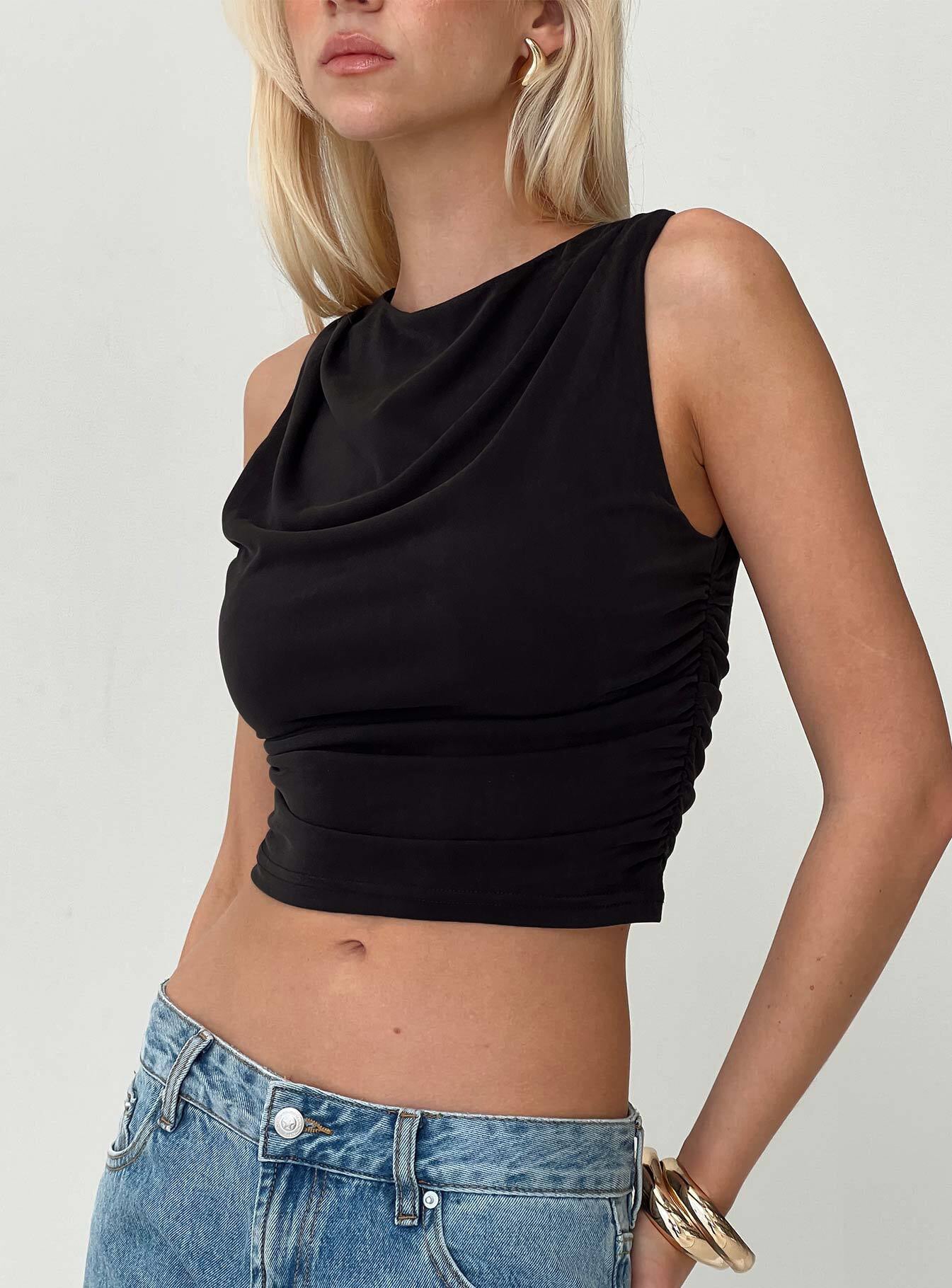 side view of model wearing Princess Polly Hold Em High Neck Top Black Sleeveless High Neck 