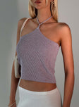 front view of model wearing Princess Polly Runaway Baby Top Purple Sleeveless Asymmetric Neckline 