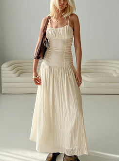 front view of model wearing Princess Polly Quinley Shirred Maxi Dress Cream Scoop Neck 