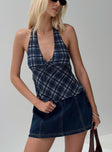 front view of model wearing Princess Polly Amalthea Top Blue Check Sleeveless Plunger 