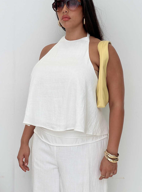 front view of model wearing Princess Polly Aquaria Halter Linen Blend Top White Curve Sleeveless Crew Neck 