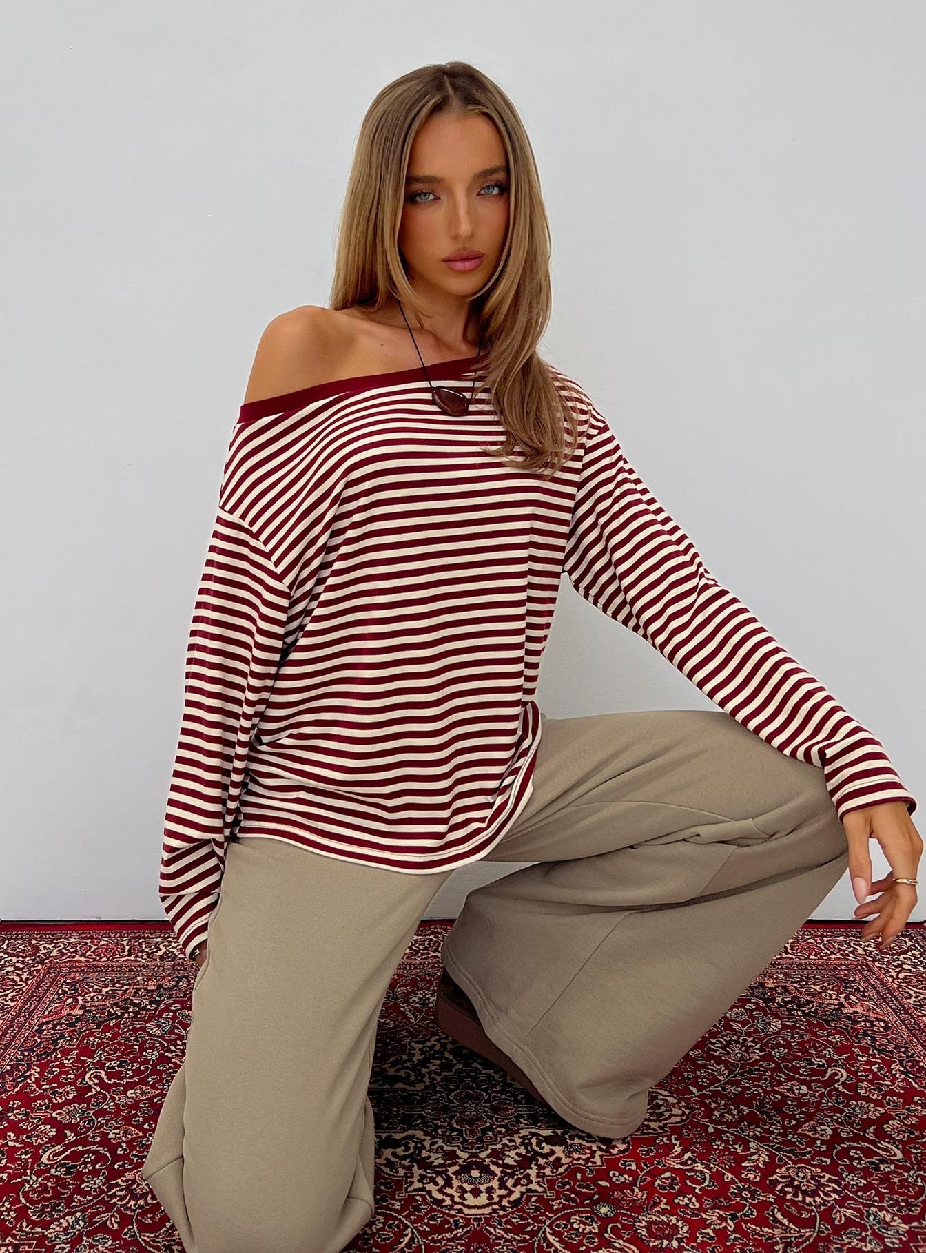 Ralyssa Off Shoulder Long Sleeve Top Red Stripe | Princess Polly