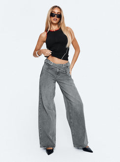 front view of model wearing Princess Polly Mckinley Mid Rise Wide Leg Jeans Washed Grey Mid Rise Jeans 