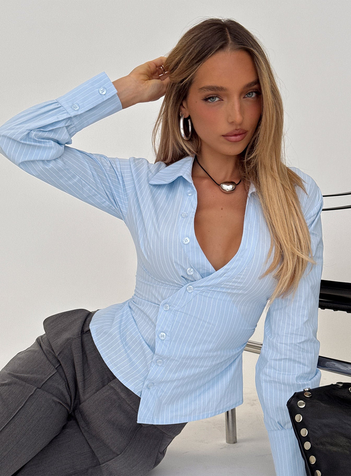 Mayda Asymmetrical Long Sleeve Shirt Blue Pinstripe | Princess Polly