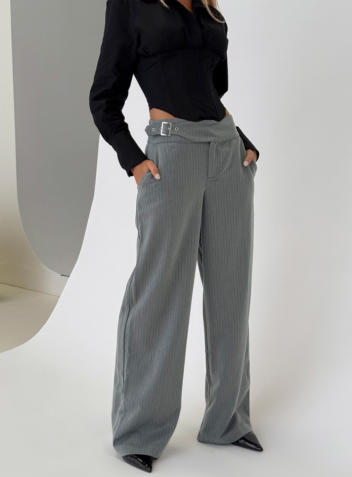 Jinny Relaxed Buckle Tailored Pants Grey Pinstripe | Princess Polly