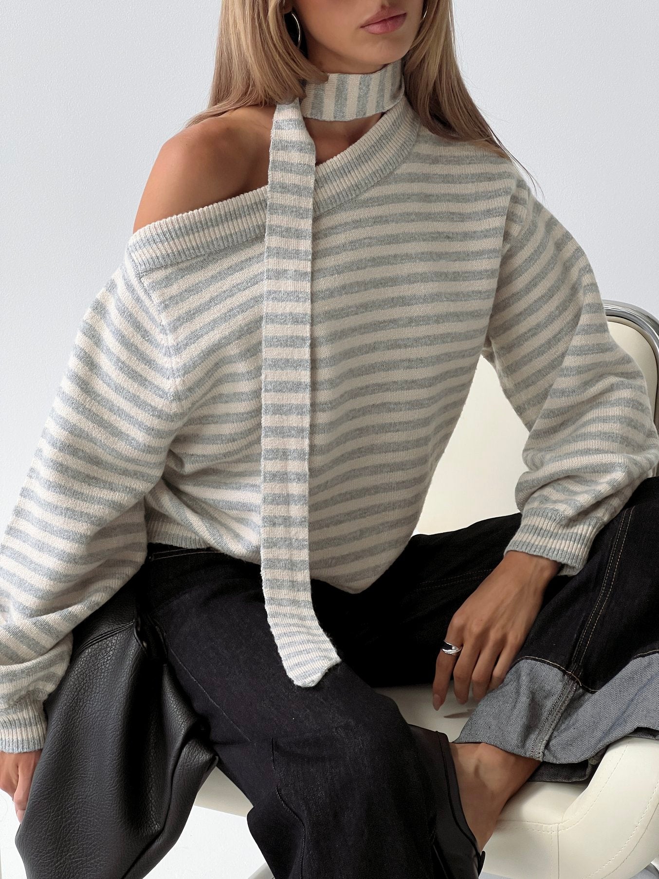 Ruthi Scarf Off Shoulder Knit Sweater Neutral Stripe | Princess Polly