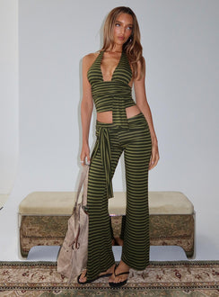 front view of model wearing Princess Polly Esata Tie Detail Pants Green Stripe Mid Rise Pants 