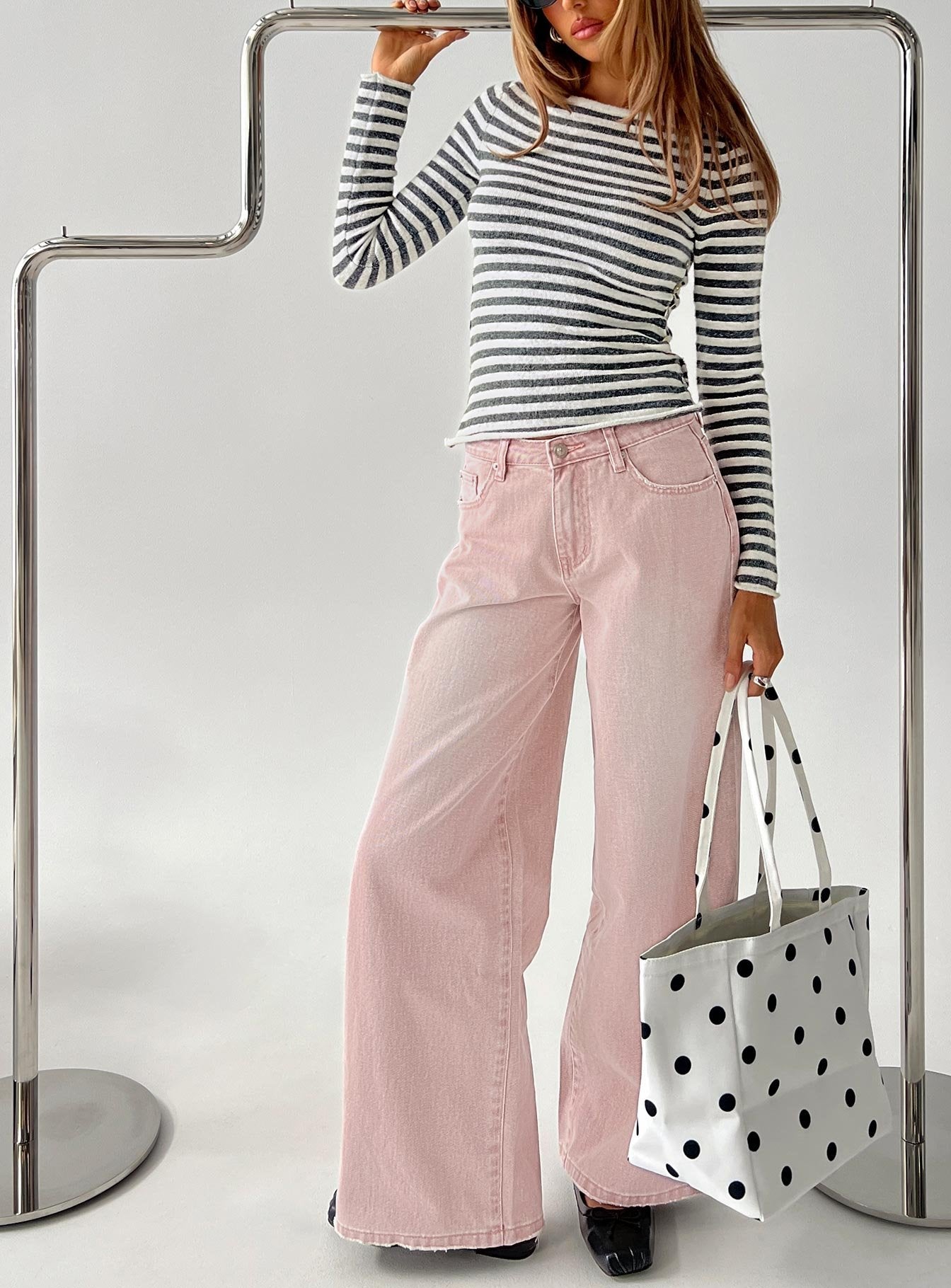 front view of model wearing Princess Polly Lucky Dip Mid Rise Straight Leg Jeans Washed Pink Mid Rise Jeans 