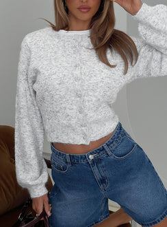 front view of model wearing Princess Polly Dawsen Button Down Cardigan Grey cropped 