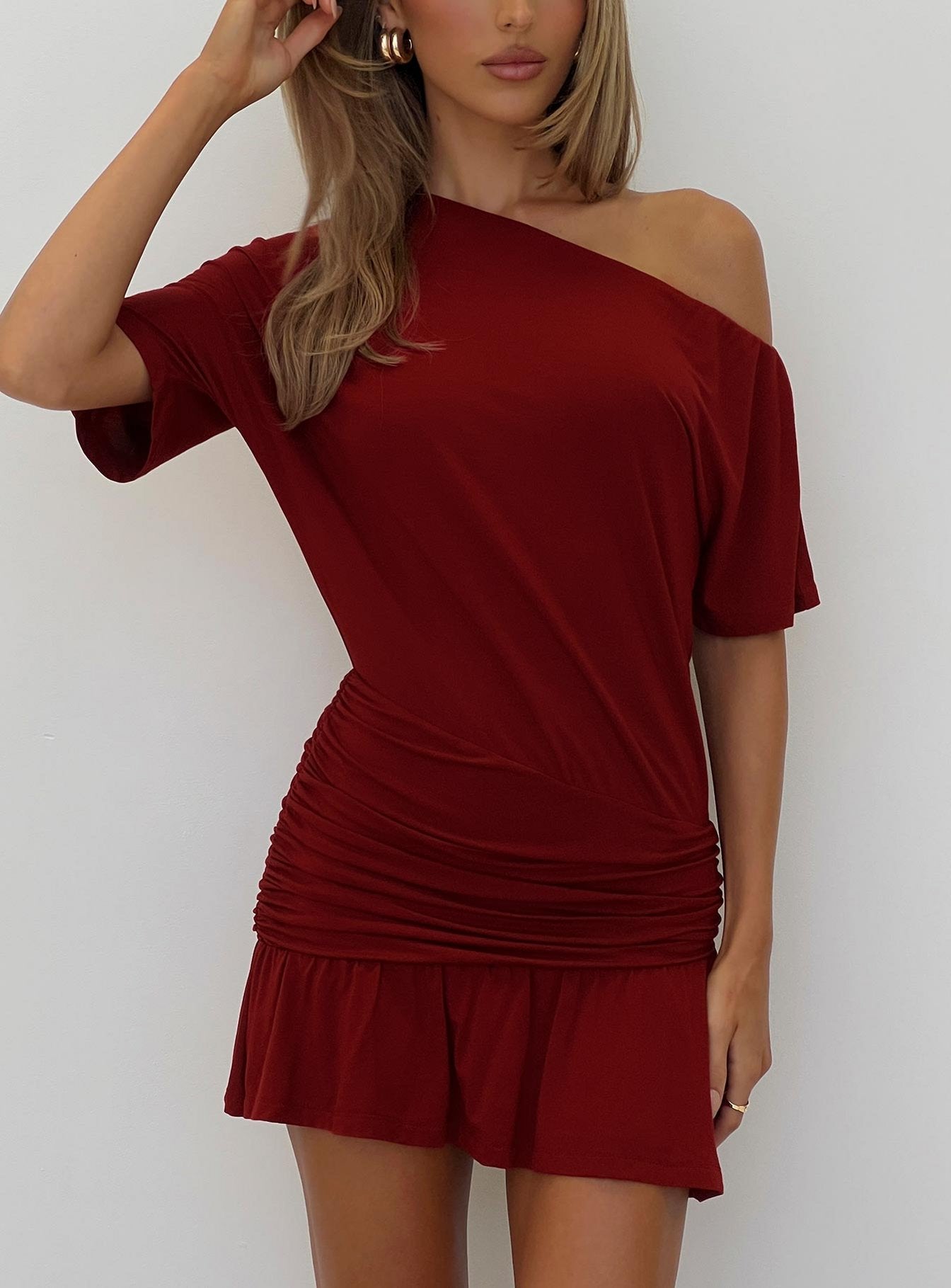 Haylo Off Shoulder Drape Mini Dress Burgundy