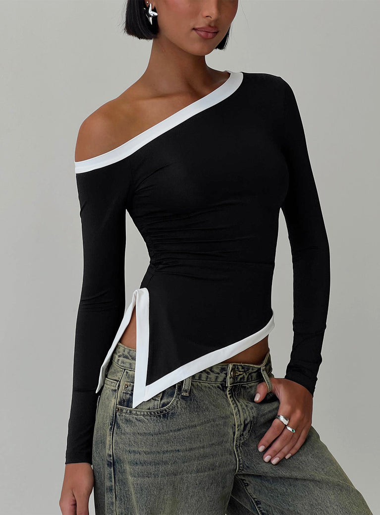 side view of model wearing Princess Polly Fake Smile Long Sleeve Top Black Full Sleeves Asymmetric Neckline 