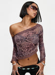 front view of model wearing Princess Polly Empty Space Top Leopard Full Sleeves Asymmetric Neckline 