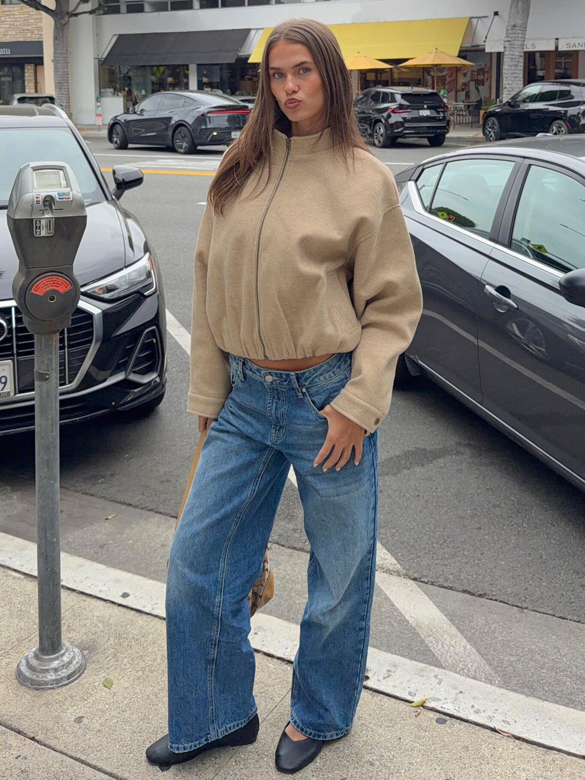 Chayden Cropped Faux Wool Bomber Jacket Beige