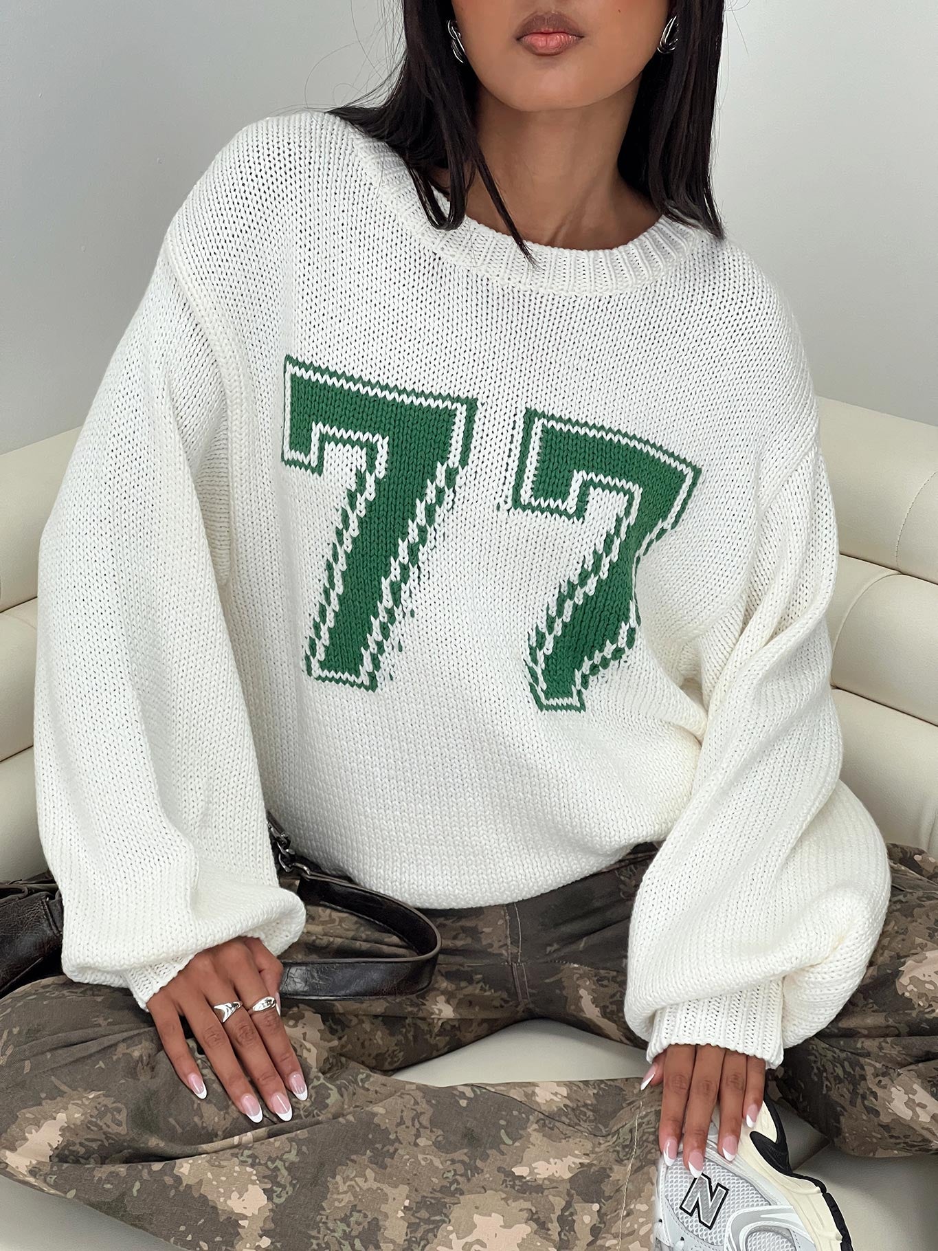 front view of model wearing Princess Polly Summer 77 Knit Sweater White / Green 