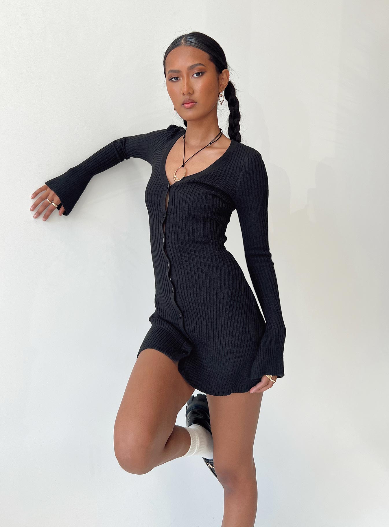 Waldin long sleeve mini dress black