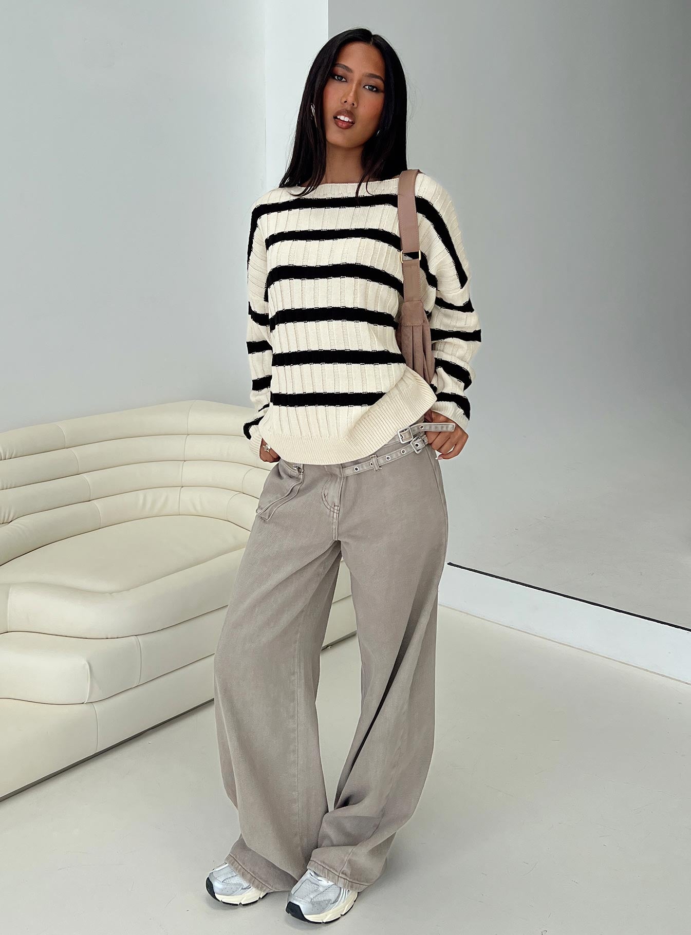 front view of model wearing Princess Polly Elenita Wide Neck Knit Sweater Black / White Long 