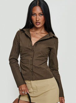 front view of model wearing Princess Polly Held My Hand Long Sleeve Top Brown Stripe Full Sleeves High Neck 