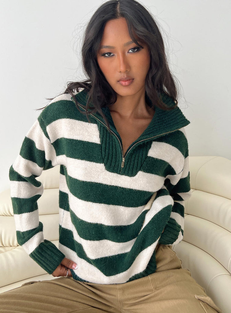 Neena Quarter Zip Sweater Green / Cream Princess Polly  regular 