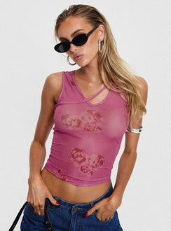 front view of model wearing Princess Polly Dangelio Mesh Top Pink Sleeveless V-Neck 