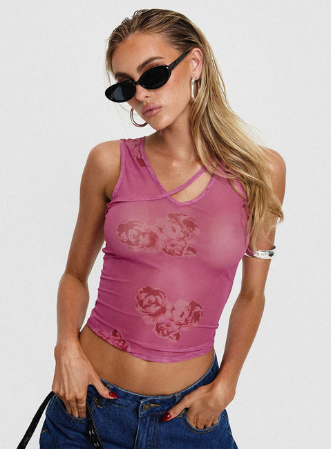 front view of model wearing Princess Polly Dangelio Mesh Top Pink Sleeveless V-Neck 