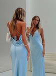 back view of model wearing Princess Polly Kattie Maxi Dress Blue Plunger 