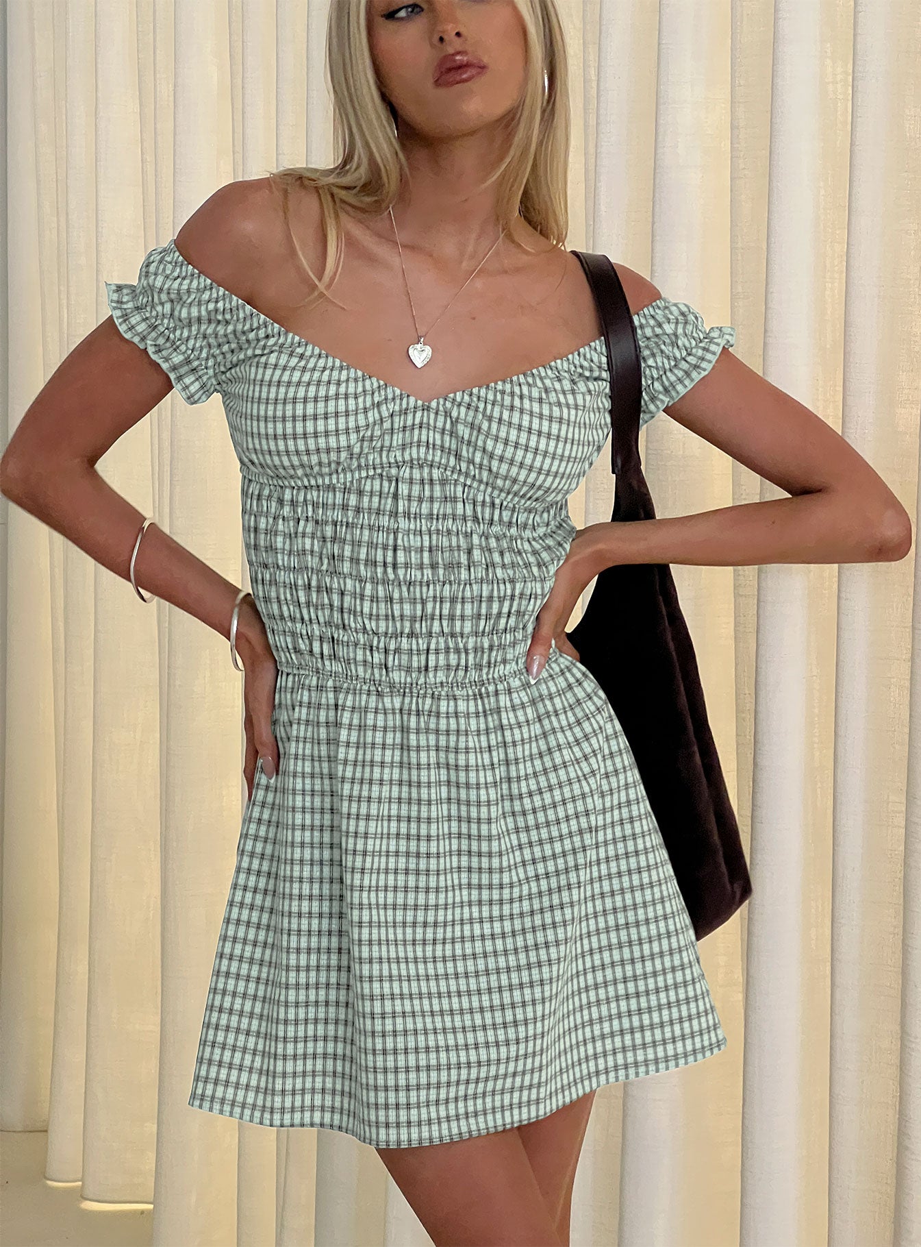 Olwen Ruched Romper | Green Check | Womens | Princess Polly Lower Impact Olwen Ruched Romper | Green Check | Womens | Princess Polly Lower Impact