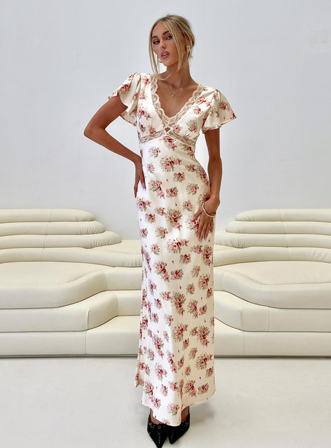 cream floral print maxi dress Cream Floral Print Puff Sleeve Sweetheart Maxi Dress
