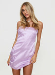 side view of model wearing Princess Polly Shaya Strapless Mini Dress Lilac Straight Neck 