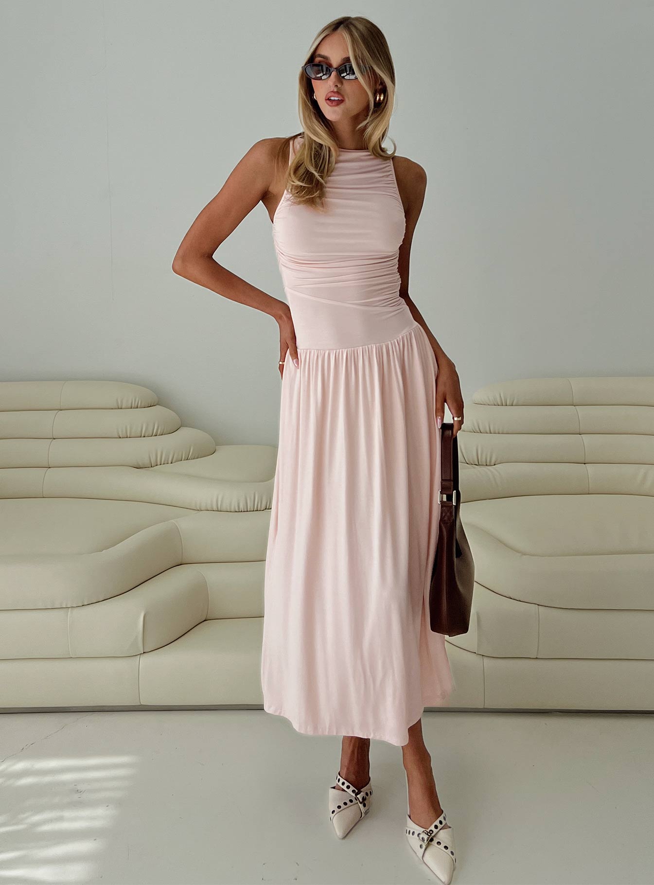 front view of model wearing Princess Polly Reveur Ruched Maxi Dress Pink High Neck 