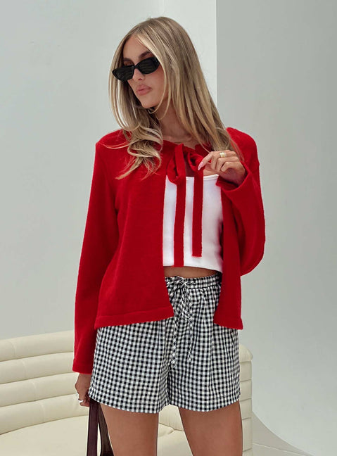 back view of model wearing Princess Polly Norine Tie Up Knit Sweater Red Cropped 