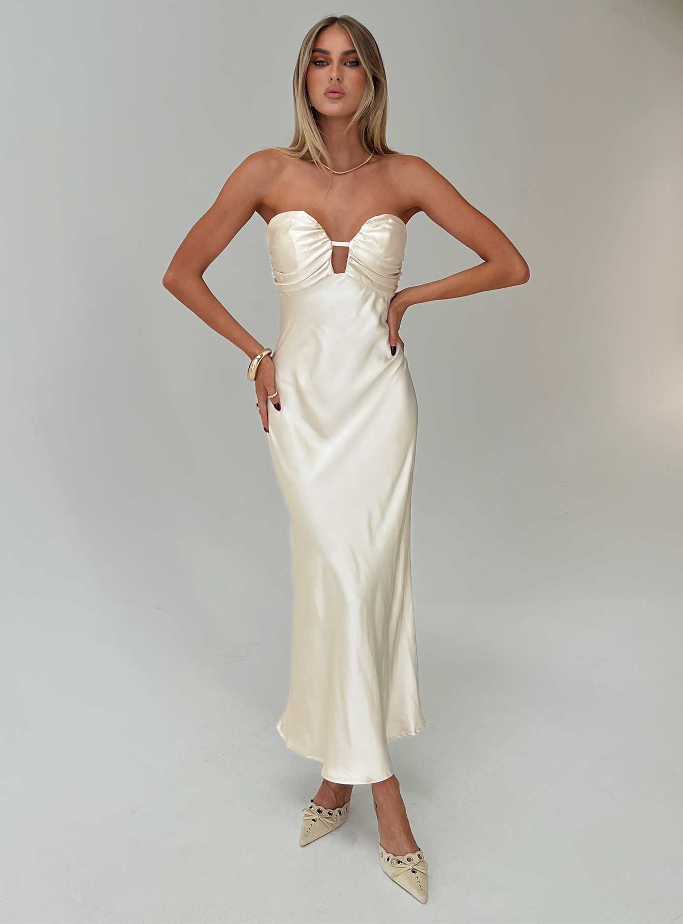 front view of model wearing Princess Polly Cyprian Strapless Maxi Dress Champagne Sweetheart Neckline 