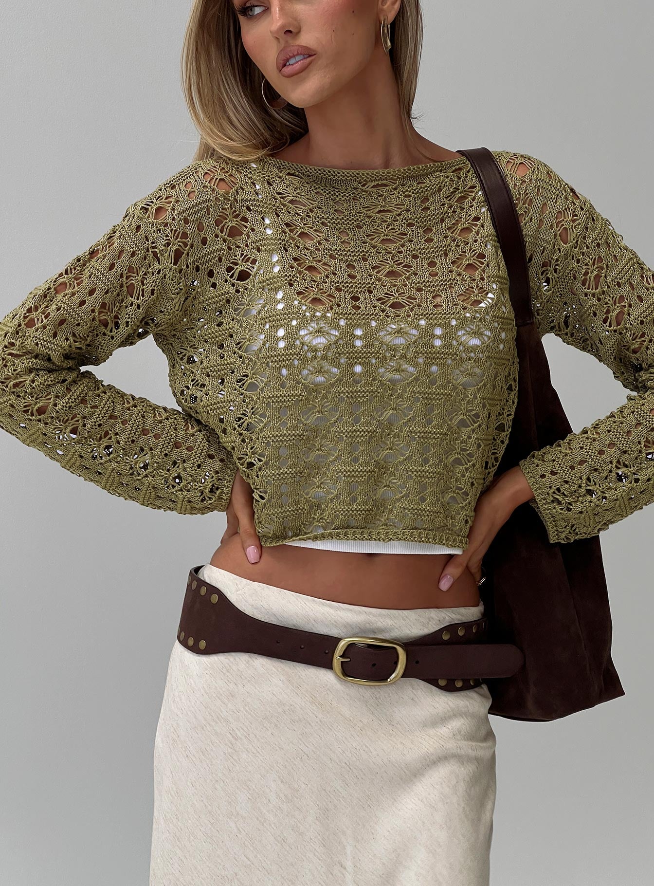side view of model wearing Princess Polly Birdena Sweater Green Cropped 