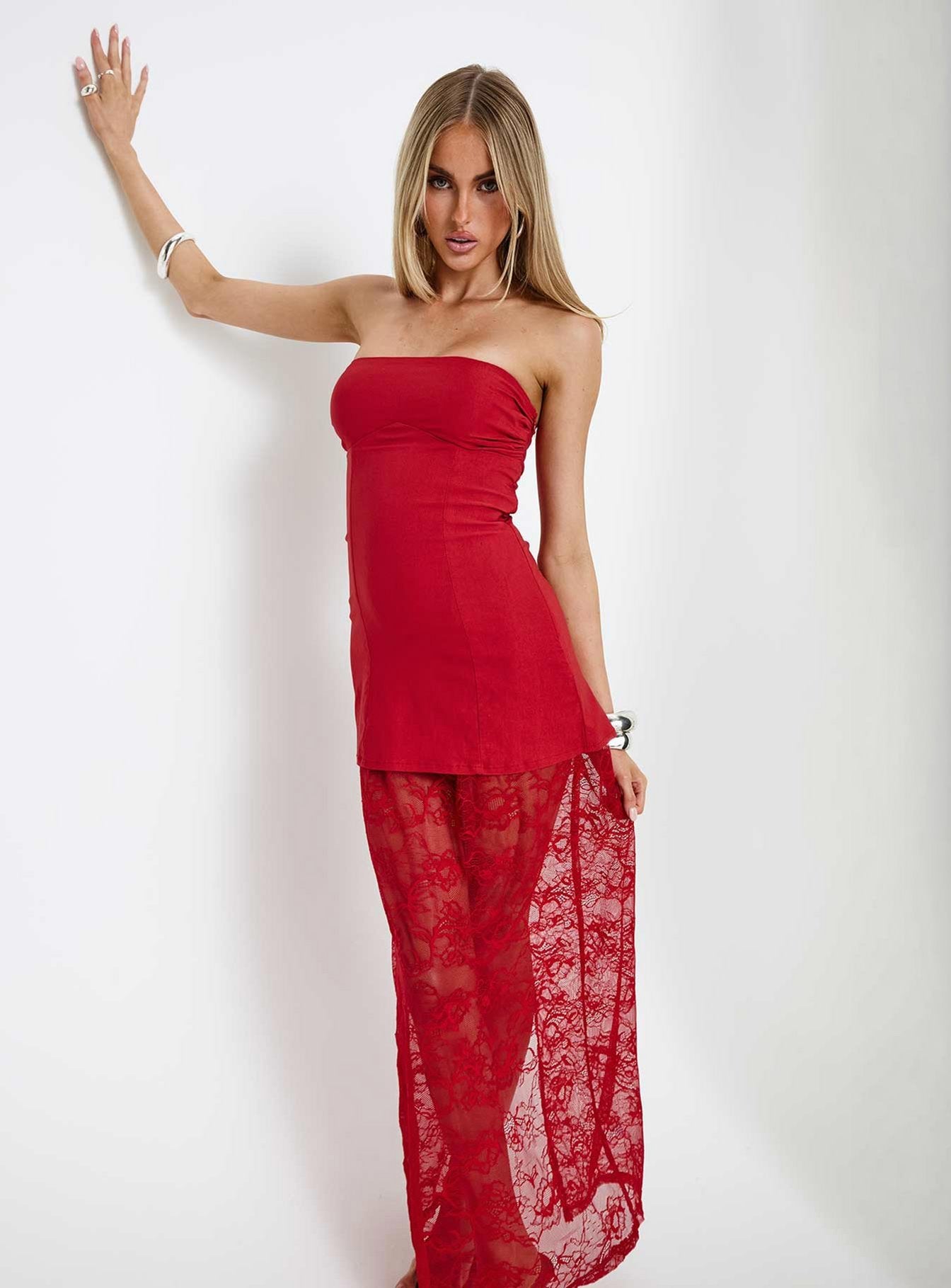 red sheer maxi dress Maxi Dress Red Sheer Prom Dress Strapless Long Red Sheer-Bodice Prom Dress