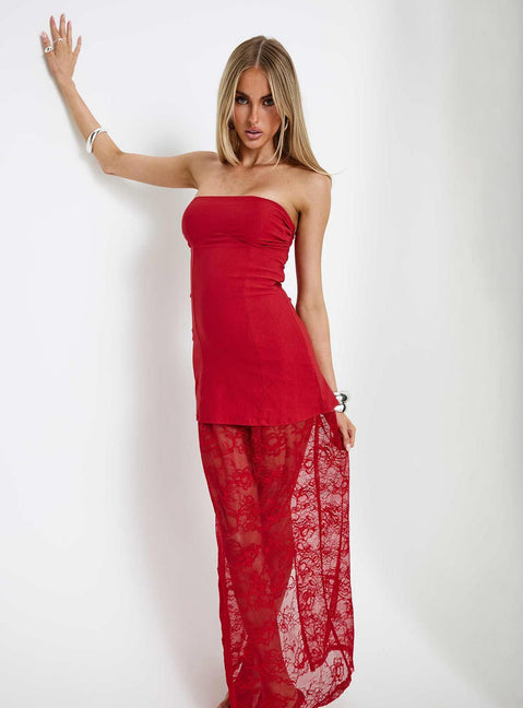 Aleda Sheer Lace Detail Strapless Maxi Dress | Red | Womens