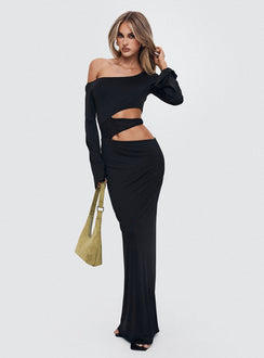 front view of model wearing Princess Polly Kazimier Long Sleeve Maxi Dress Black Asymmetric Neckline 