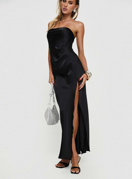 Maxi dress Strapless style, inner silicone strip at bust, silk material look, invisible zip fastening, high split in hem Non-stretch material, fully lined 