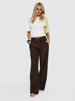 front view of model wearing Princess Polly Wylma Belt Detail Tailored Pants Chocolate High Rise Pants 