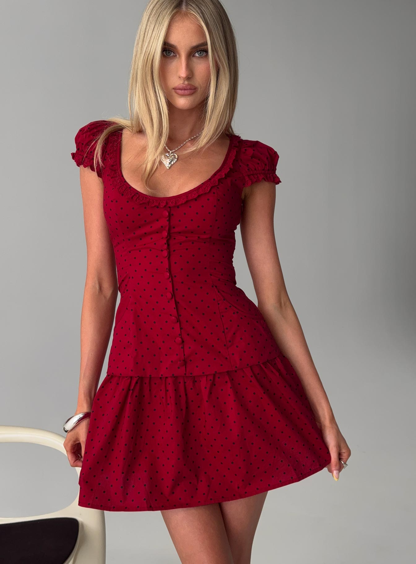 Ottillie Lace Trim Button Down Mini Dress | Red Polka Dot | Womens | Princess Polly Lower Impact Ottillie Lace Trim Button Down Mini Dress | Red Polka Dot | Womens | Princess Polly Lower Impact