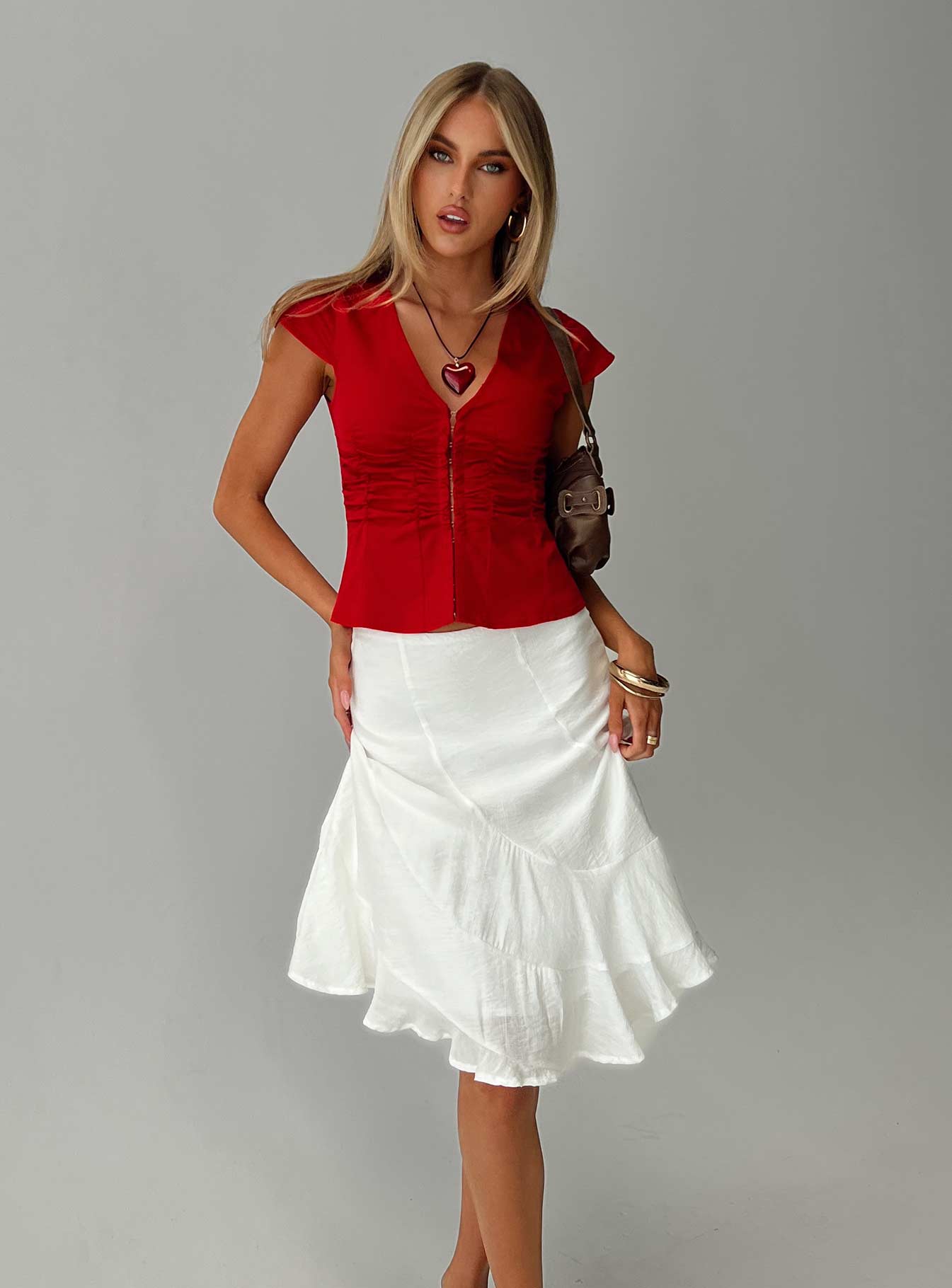   front view of model wearing Princess Polly With Kindness Midi Skirt White Midi Skirts 