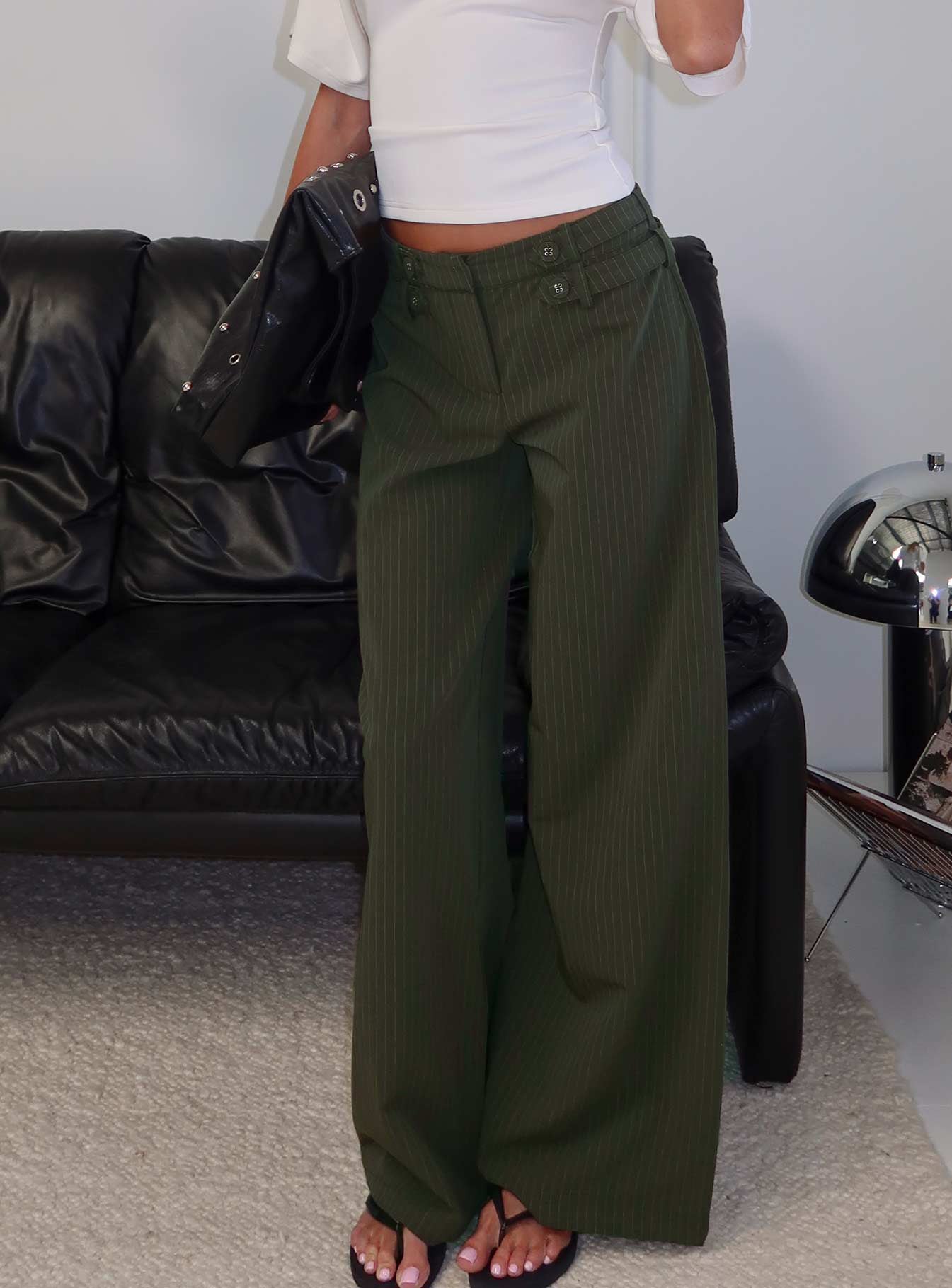 Jette TailoRed Buckle Pant Green Pinstripe | Princess Polly
