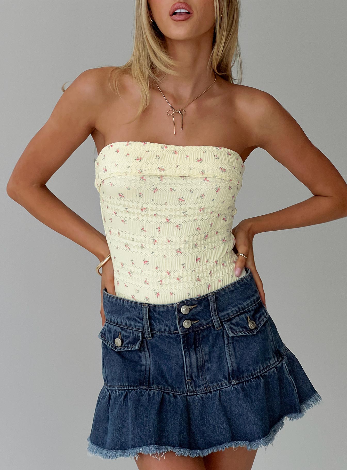 front view of model wearing Princess Polly Majorette Strapless Bodysuit Cream Sleeveless 